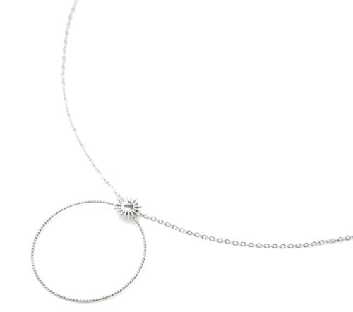 Collier-Pendentif-Cercle-Fin-Contour-Torsade-et-Soleil-Acier-Argente