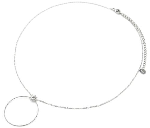 Collier-Pendentif-Cercle-Fin-Contour-Torsade-et-Soleil-Acier-Argente