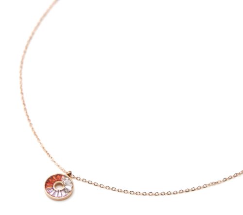 Collier-Fine-Chaine-Pendentif-Cercle-Donut-Acier-Or-Rose-et-Pierres-Tricolores