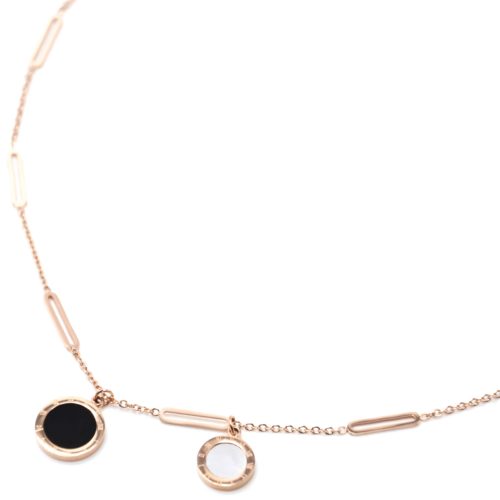 Collier-Fine-Chaine-avec-Ovales-et-Cercles-Acier-Or-Rose-Centre-Resine-Nacre