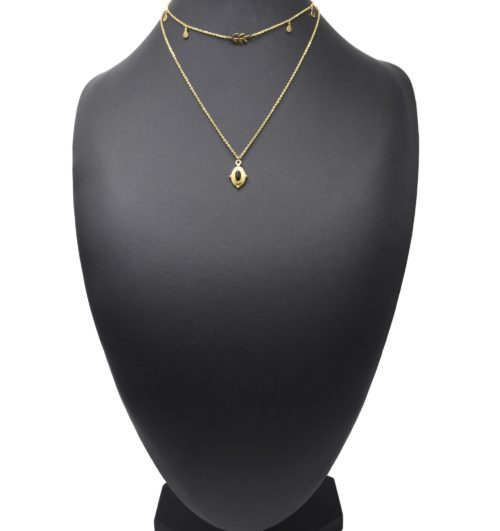 Collier-Double-Chaines-Laurier-et-Ovale-Rayons-Acier-Dore-Pierre-Noire