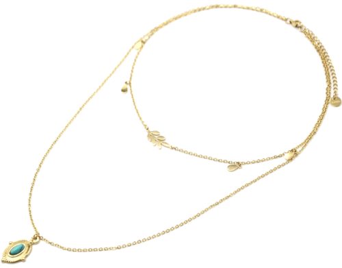 Collier-Double-Chaines-Laurier-et-Ovale-Rayons-Acier-Dore-Pierre-Turquoise