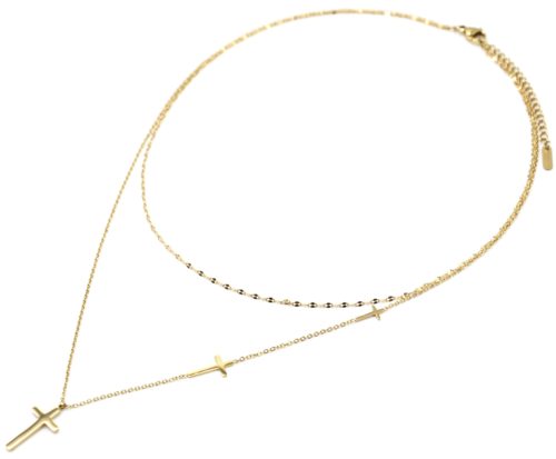 Collier-Double-Chaines-avec-Multi-Charms-Croix-Acier-Dore
