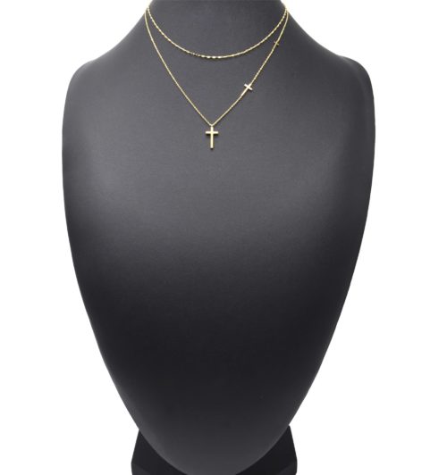 Collier-Double-Chaines-avec-Multi-Charms-Croix-Acier-Dore