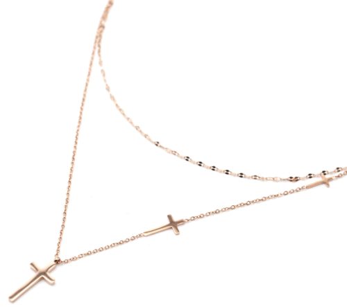 Collier-Double-Chaines-avec-Multi-Charms-Croix-Acier-Or-Rose