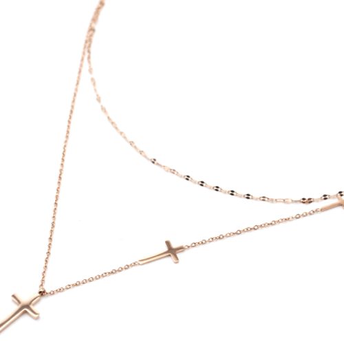 Collier-Double-Chaines-avec-Multi-Charms-Croix-Acier-Or-Rose