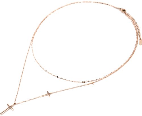 Collier-Double-Chaines-avec-Multi-Charms-Croix-Acier-Or-Rose