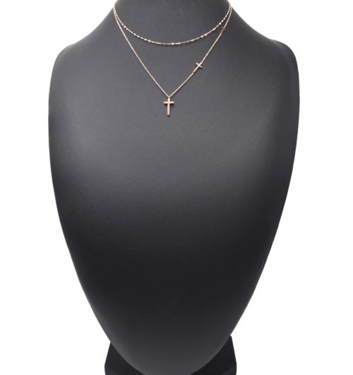 Collier-Double-Chaines-avec-Multi-Charms-Croix-Acier-Or-Rose
