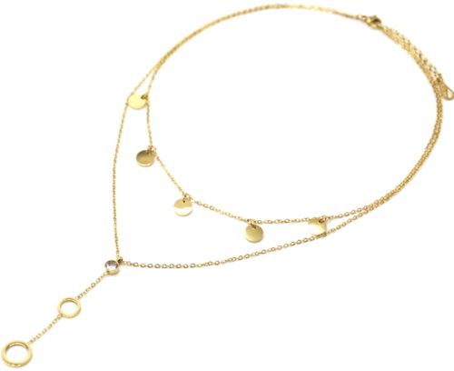 Collier-Double-Chaines-avec-Pampilles-Rondes-Pierre-et-Cercles-Acier-Dore