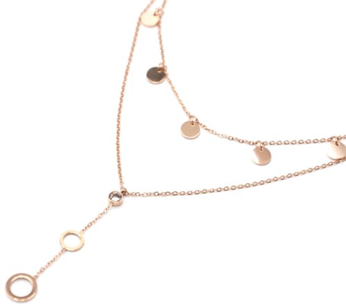 Collier-Double-Chaines-avec-Pampilles-Rondes-Pierre-et-Cercles-Acier-Or-Rose