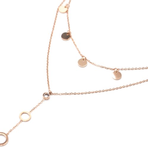 Collier-Double-Chaines-avec-Pampilles-Rondes-Pierre-et-Cercles-Acier-Or-Rose