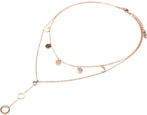 Collier-Double-Chaines-avec-Pampilles-Rondes-Pierre-et-Cercles-Acier-Or-Rose