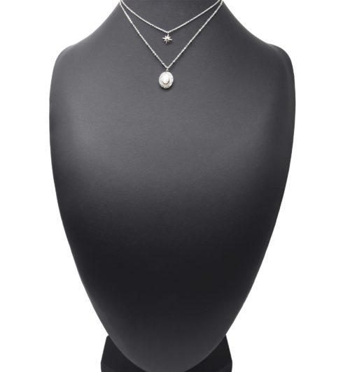 Collier-Double-Chaines-avec-Etoile-et-Ovale-Martele-Acier-Argente-Pierre-Noire