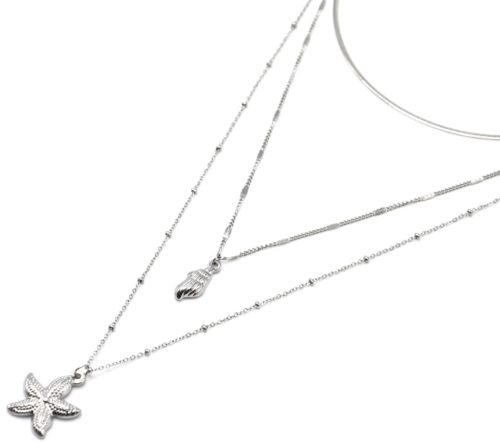 Collier-Triple-Chaines-avec-Coquillage-et-Etoile-de-Mer-Acier-Argente