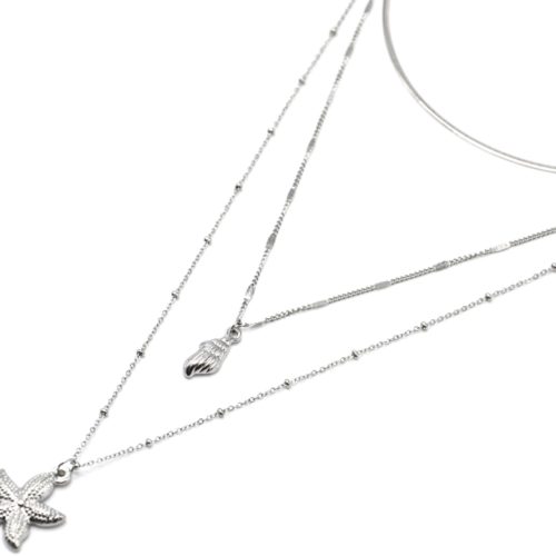 Collier-Triple-Chaines-avec-Coquillage-et-Etoile-de-Mer-Acier-Argente