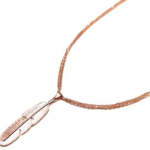 Sautoir-Collier-Multi-Chaines-Pendentif-Plume-Ethnique-Metal-Or-Rose