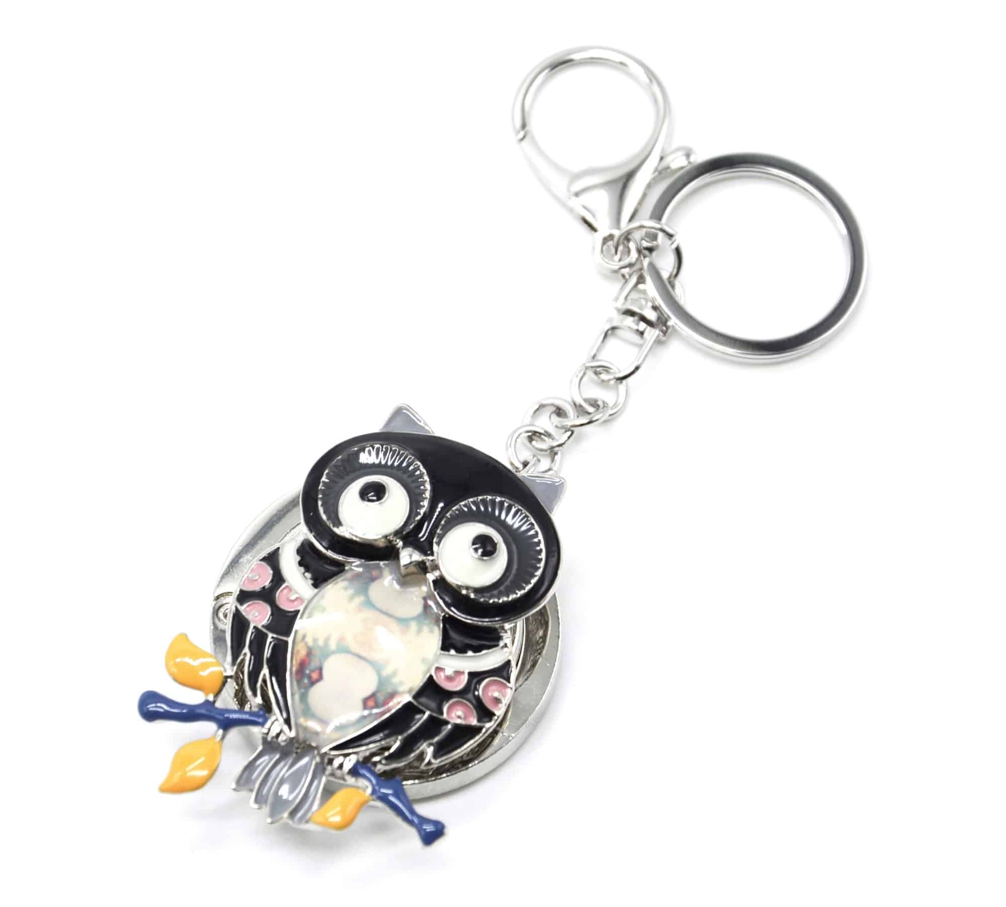 Porte-Cles-Bijou-de-Sac-Accroche-Sac-Chouette-Email-Noir-Motif-et-Branche