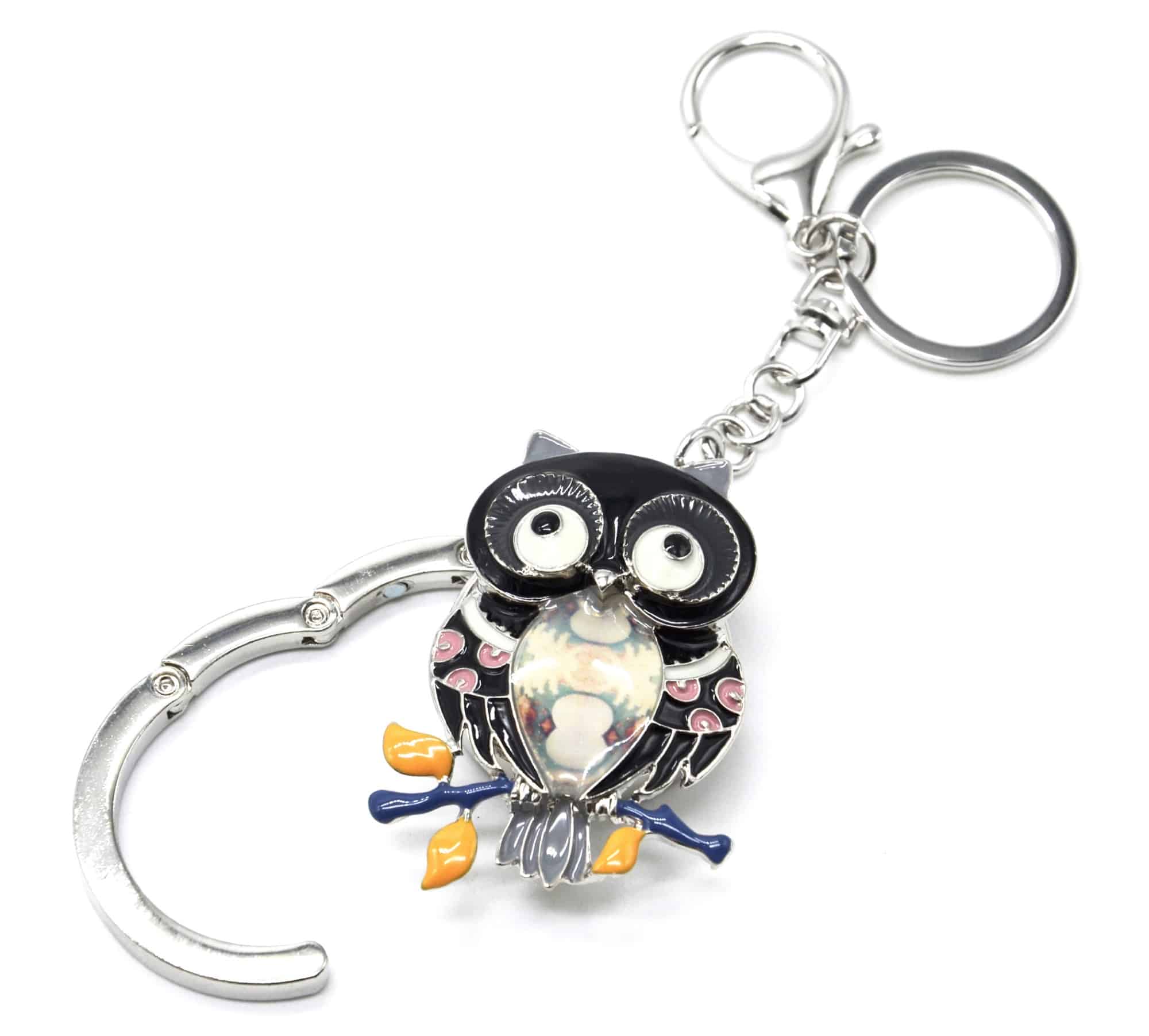 Porte-Cles-Bijou-de-Sac-Accroche-Sac-Chouette-Email-Noir-Motif-et-Branche