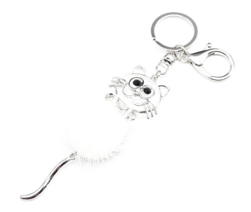 Porte-Cles-Bijou-de-Sac-Chat-Metal-Argente-et-Pompon-Blanc