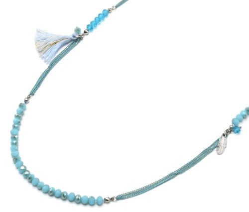Sautoir-Collier-Chaines-Metal-avec-Perles-Plume-et-Pompon-Bleu