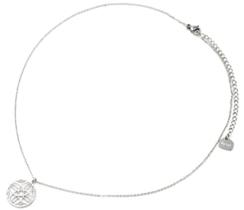 Collier-Pendentif-Cercle-Ajoure-Motif-Rosace-Acier-Argente