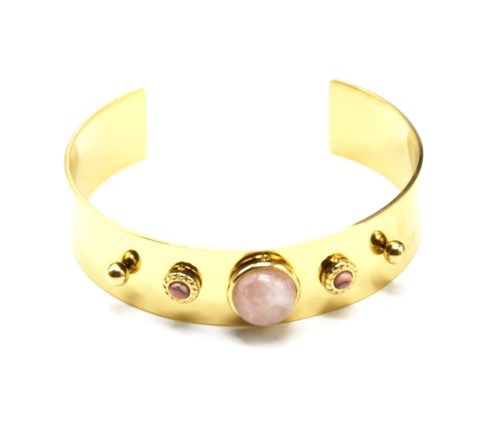 Bracelet-Manchette-Acier-Dore-avec-Pierres-Rose-Pale-et-Billes