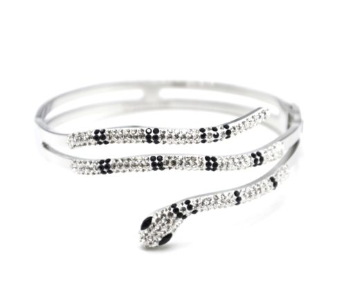 Bracelet-Manchette-Acier-Argente-avec-Serpent-Strass-Noir-et-Blanc