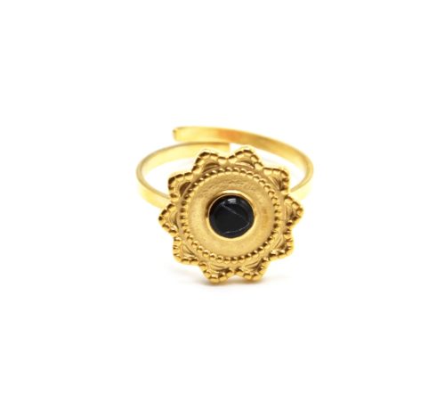 Bague-Reglable-avec-Soleil-Contour-Points-Acier-Dore-et-Pierre-Marbre-Noir