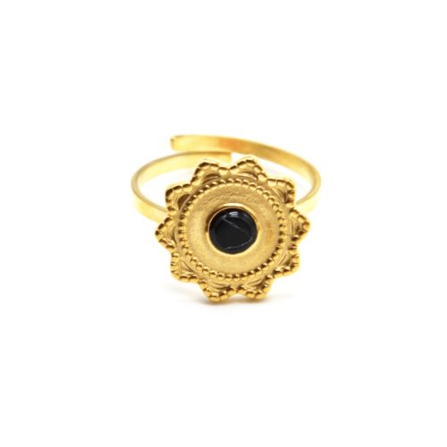 Bague-Reglable-avec-Soleil-Contour-Points-Acier-Dore-et-Pierre-Marbre-Noir