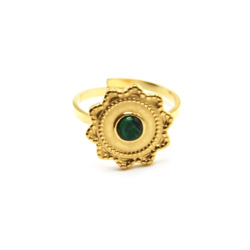 Bague-Reglable-avec-Soleil-Contour-Points-Acier-Dore-et-Pierre-Marbre-Vert