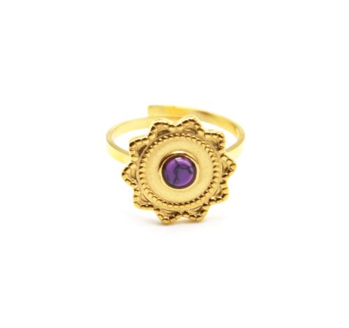 Bague-Reglable-avec-Soleil-Contour-Points-Acier-Dore-et-Pierre-Marbre-Violet