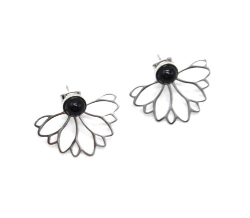 Boucles-dOreilles-2-en-1-Perle-Noire-et-Petales-Contour-Acier-Argente