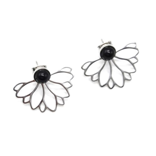 Boucles-dOreilles-2-en-1-Perle-Noire-et-Petales-Contour-Acier-Argente