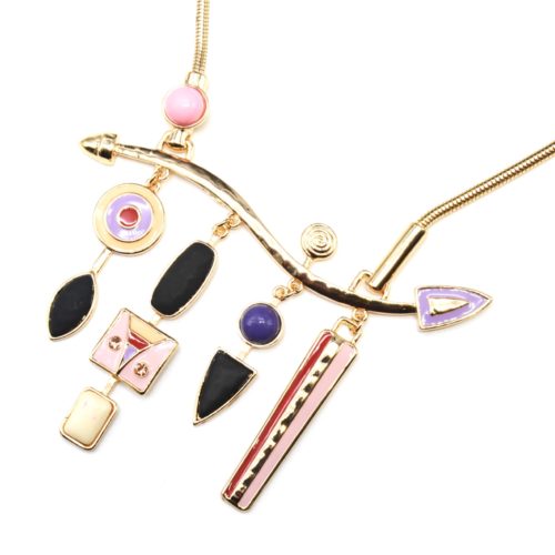 Collier-Plastron-Pendentif-Multi-Formes-Email-Rose-Pierres-et-Metal-Dore