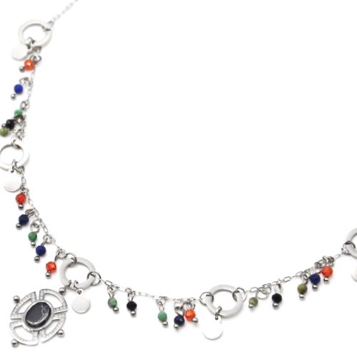 Collier-Chaine-Acier-Argente-avec-Perles-Multicolore-et-Pendentif-Ajoure-Pierre-Noire