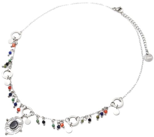 Collier-Chaine-Acier-Argente-avec-Perles-Multicolore-et-Pendentif-Ajoure-Pierre-Noire