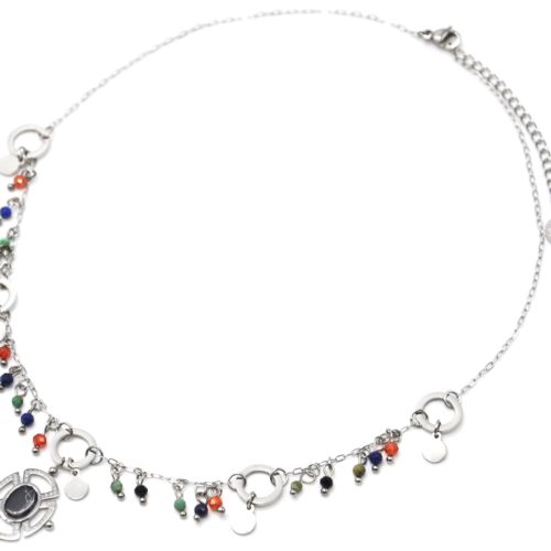 Collier-Chaine-Acier-Argente-avec-Perles-Multicolore-et-Pendentif-Ajoure-Pierre-Noire