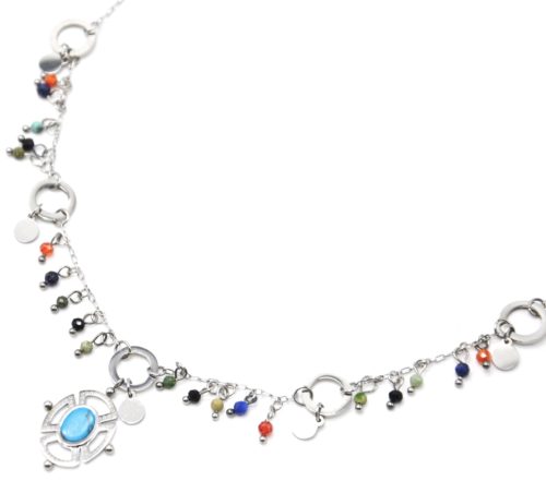 Collier-Chaine-Acier-Argente-avec-Perles-Multicolore-et-Pendentif-Ajoure-Pierre-Turquoise