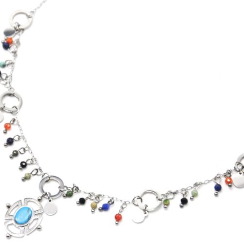 Collier-Chaine-Acier-Argente-avec-Perles-Multicolore-et-Pendentif-Ajoure-Pierre-Turquoise