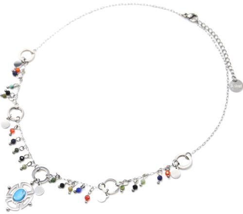 Collier-Chaine-Acier-Argente-avec-Perles-Multicolore-et-Pendentif-Ajoure-Pierre-Turquoise