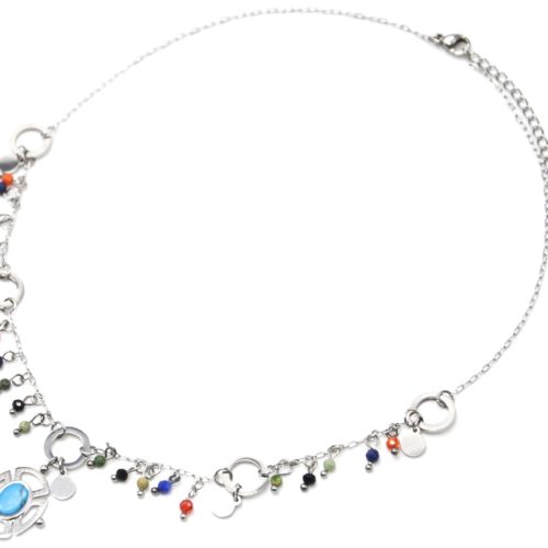 Collier-Chaine-Acier-Argente-avec-Perles-Multicolore-et-Pendentif-Ajoure-Pierre-Turquoise