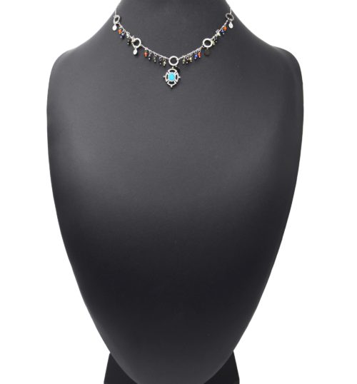 Collier-Chaine-Acier-Argente-avec-Perles-Multicolore-et-Pendentif-Ajoure-Pierre-Turquoise