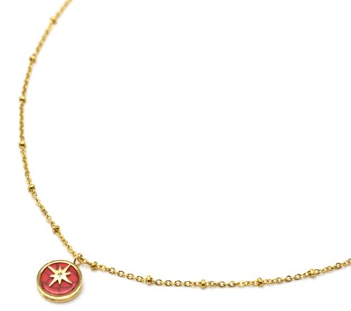 Collier-Chaine-Billes-Acier-Dore-Pendentif-Pierre-Rouge-Motif-Etoile-Polaire