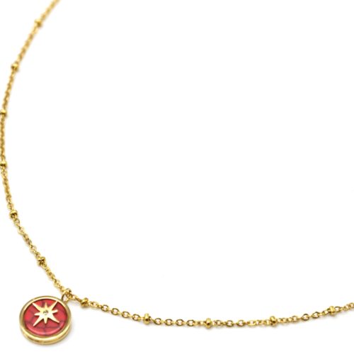 Collier-Chaine-Billes-Acier-Dore-Pendentif-Pierre-Rouge-Motif-Etoile-Polaire