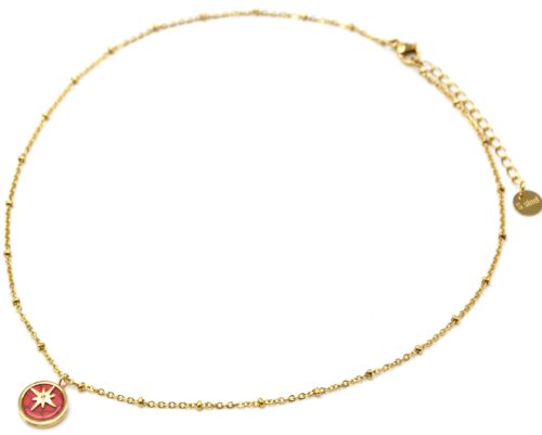 Collier-Chaine-Billes-Acier-Dore-Pendentif-Pierre-Rouge-Motif-Etoile-Polaire