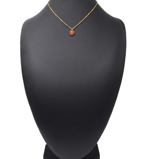 Collier-Chaine-Billes-Acier-Dore-Pendentif-Pierre-Rouge-Motif-Etoile-Polaire