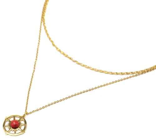 Collier-Double-Chaines-Acier-Dore-Pendentif-Rose-des-Vents-et-Pierre-Rouge