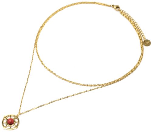 Collier-Double-Chaines-Acier-Dore-Pendentif-Rose-des-Vents-et-Pierre-Rouge