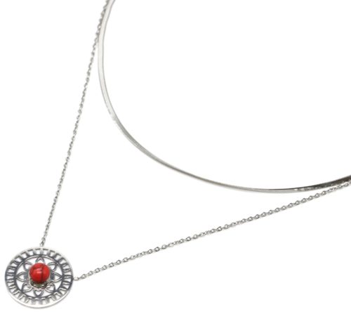 Collier-Double-Chaines-Acier-Argente-Pendentif-Ajoure-Soleil-Fleur-et-Pierre-Rouge