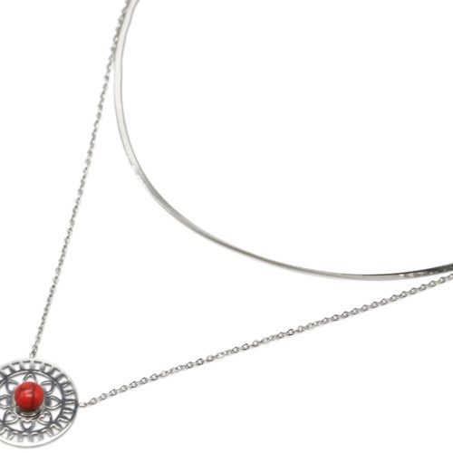 Collier-Double-Chaines-Acier-Argente-Pendentif-Ajoure-Soleil-Fleur-et-Pierre-Rouge